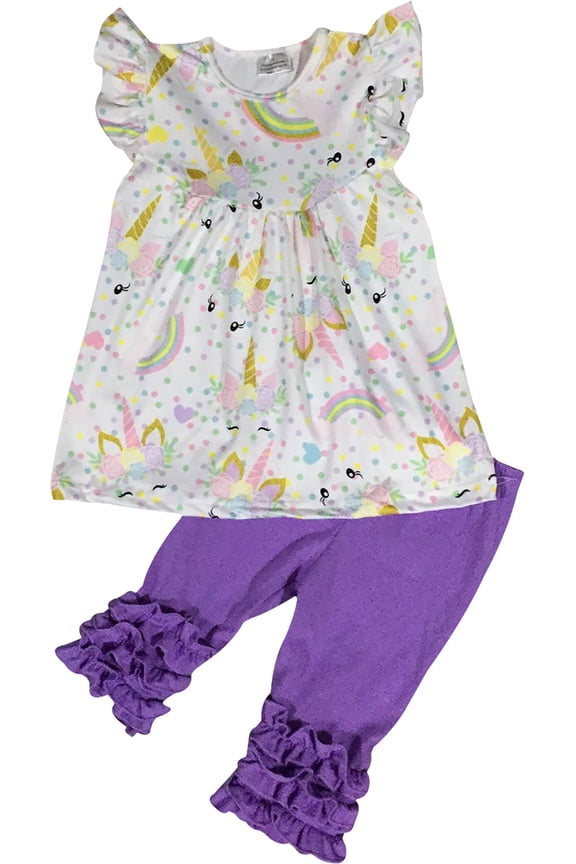 Little Girl Kids Short Sleeve Unicorn Rainbow Ruffle Short Pants Set Off White 2T XS 201276 BNY Corner