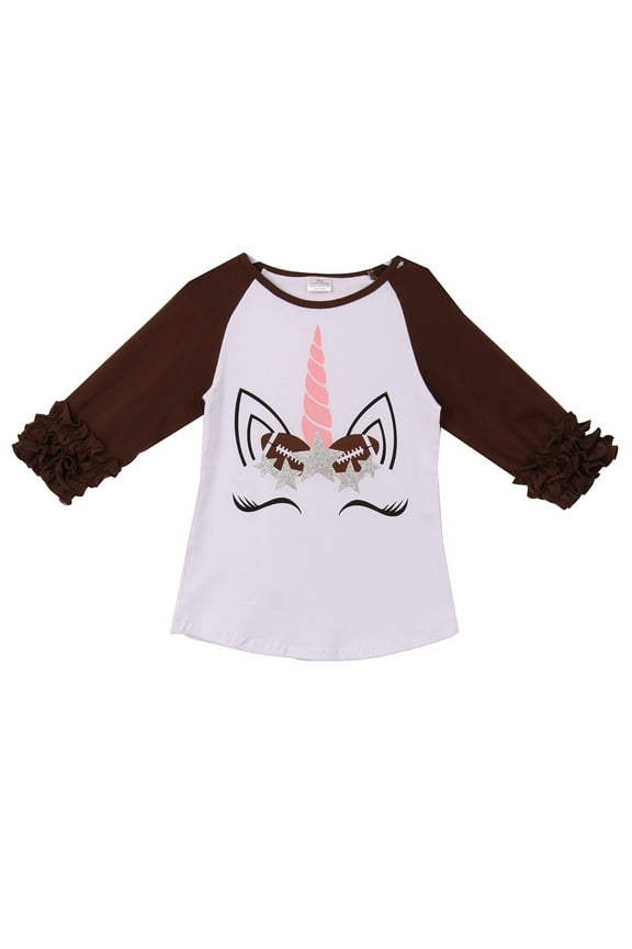 Little Girl Kids Unicorn Football Stars Raglan Ruffle Shirt Top Tee T-Shirt White Brown 2T XS (201586)