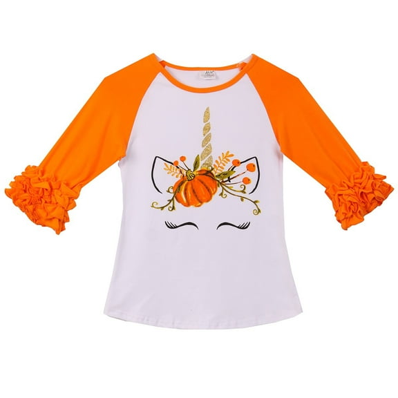 Little Girl Kids Unicorn Halloween Pumpkin Raglan Ruffle Shirt Top Tee T-Shirt White Orange 3T S (201587)