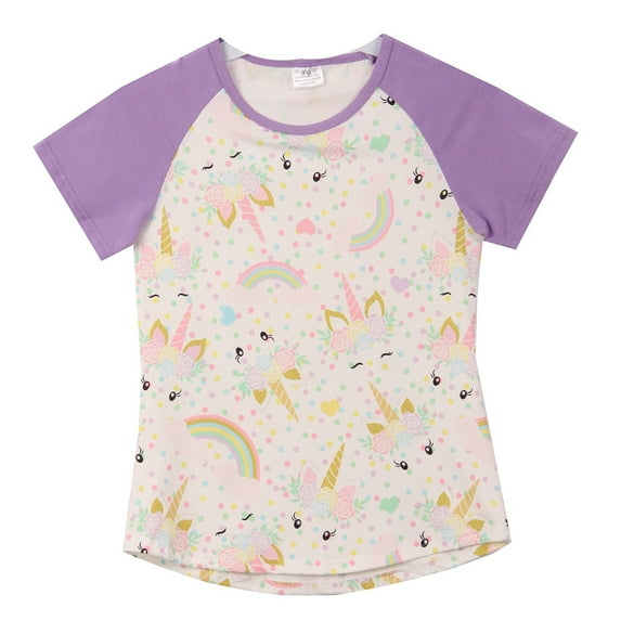 Little Girl Kids Unicorn Polka Dot Rainbow Raglan Shirt Top Tee T-Shirt Lilac 2T XS (201344)