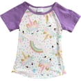 thumbnail image 1 of Little Girl Kids Unicorn Rainbow Flower Raglan Cotton Shirt Top Tee T-Shirt Lilac 2T XS (201344), 1 of 1