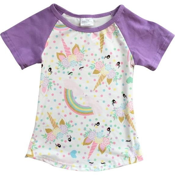 Little Girl Kids Unicorn Rainbow Flower Raglan Cotton Shirt Top Tee T-Shirt Lilac 2T XS (201344)