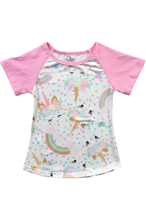 Little Girl Kids Unicorn Rainbow Flower Raglan Cotton Shirt Top Tee T-Shirt Pink 4 M (201345)