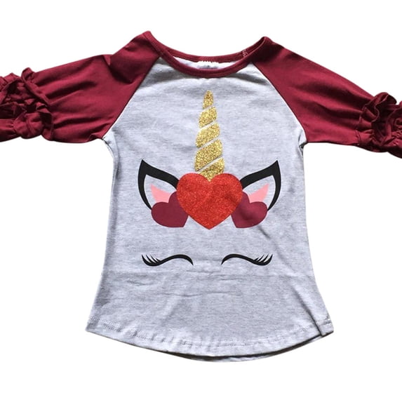 Little Girl Kids Unicorn Valentine's New Year Glitter Shirt Top Tee T-Shirt Burgundy Grey 8 XXXL (503010)