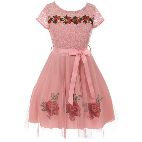 Little Girl Lace Short Sleeve Roses Embroidery Holiday Party Flower Girl Dress Rose 4 JKS 2097