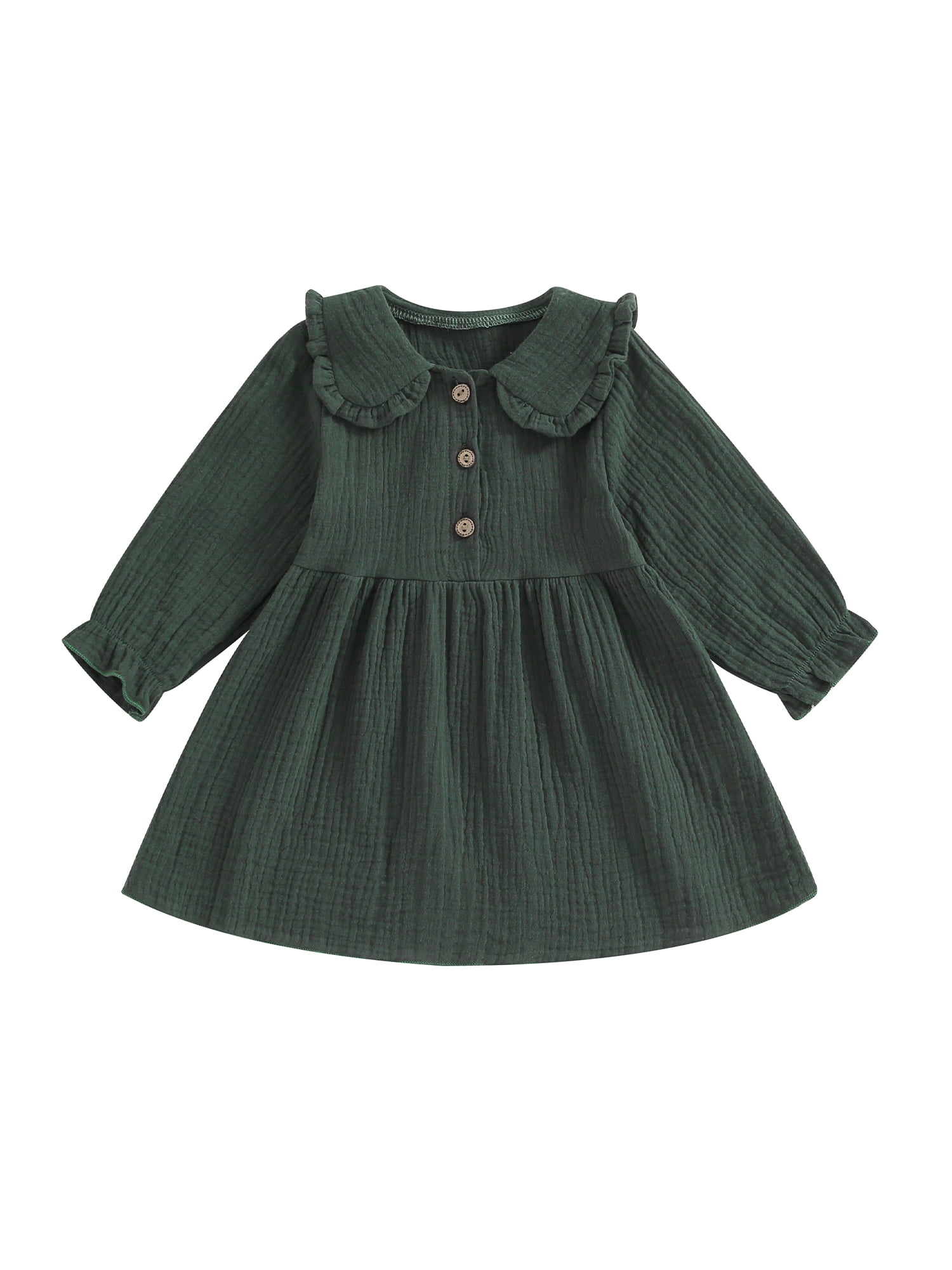 Little Girl Long Sleeve Dress Casual Lapel Collar Buttons Ruched A line