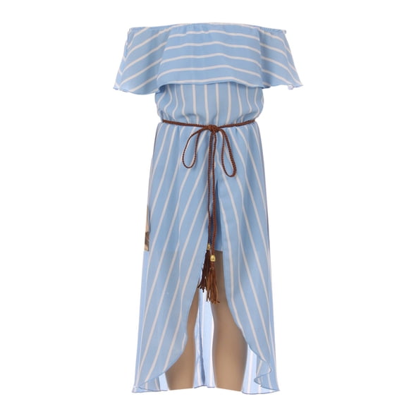 Little Girl Off Shoulder High Low Maxi Skirt Romper Casual Summer Birthday Outfit Blue 4 JKS 2137 BNY Corner