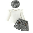 thumbnail image 1 of Little Girl Outfit Sets Ruffle Long Sleeve Top+ Mini Houndstooth Shorts+ Beret Hat 3Pcs Clothes Set, 1 of 7