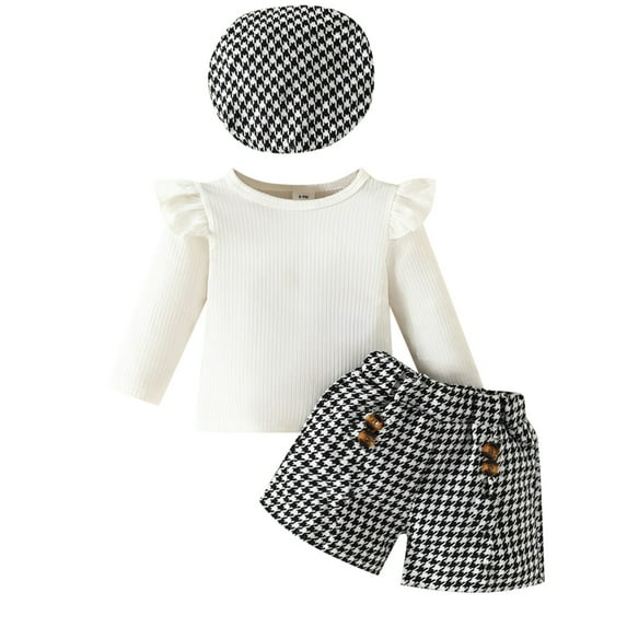 Little Girl Outfit Sets Ruffle Long Sleeve Top+ Mini Houndstooth Shorts+ Beret Hat 3Pcs Clothes Set