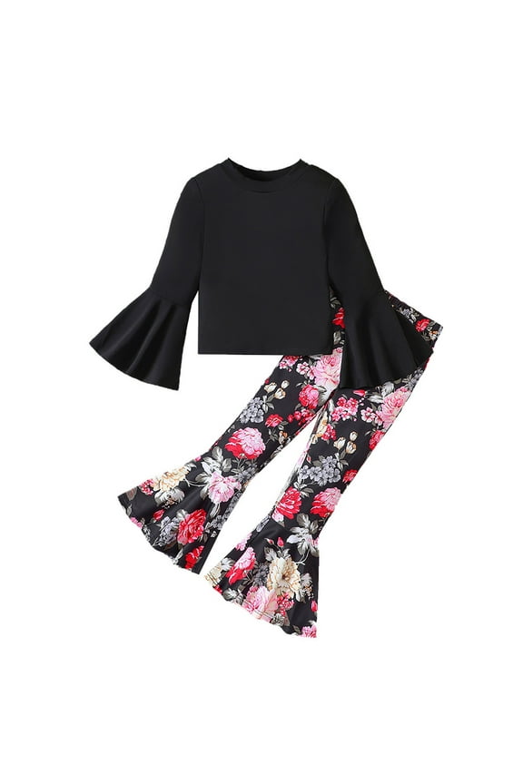 Little Girl Outfits Kids Clothes Girls Toddler Girl Clothes Cotton Long Sleeve Top + Floral Graphic Flared Leg Pants