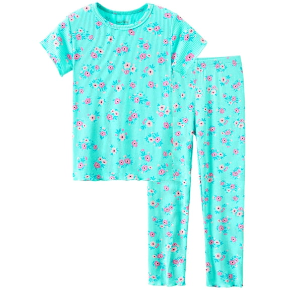 Beezizac Little Girl Pajamas – Soft Summer Tee & Pants Ditsy Floral 2 Piece PJ Set Kid Size 4T