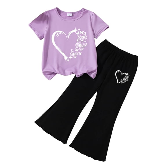 Little Girl Pants Sets Girls Flare Pants Sets Summer Toddler & Big Kids 2-Piece Graphic Tee and Bell Pants Clothing Set Stretchy Outfits,C