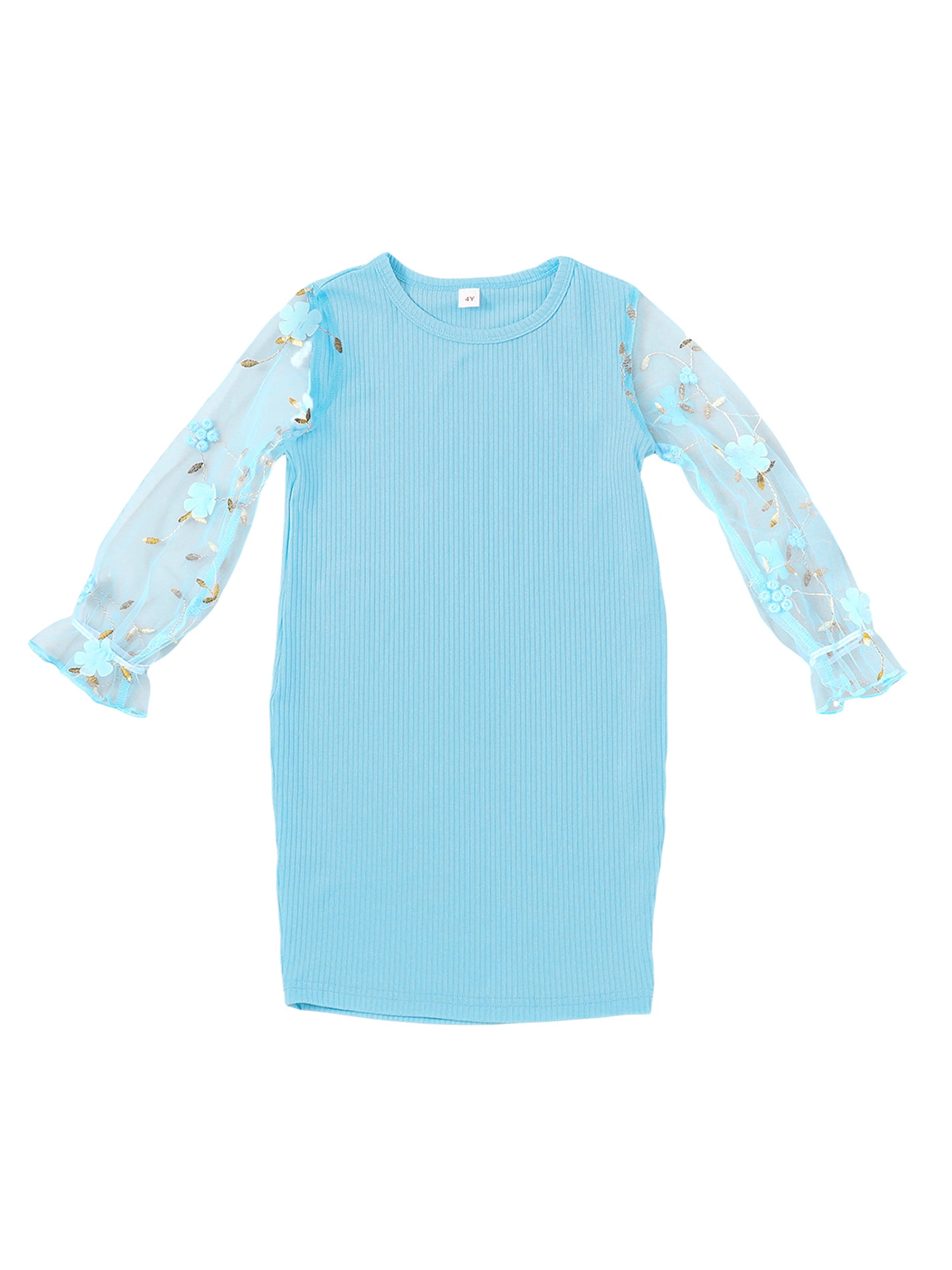 Little Girl Patchwork Dress Floral Embroidery Sheer Long Sleeve Round