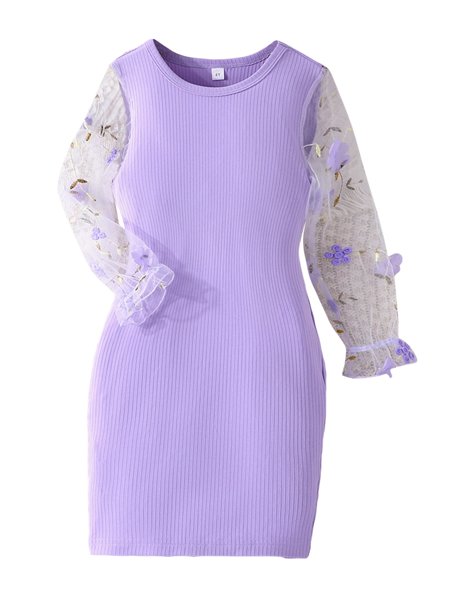 Little Girl Patchwork Dress Floral Embroidery Sheer Long Sleeve Round