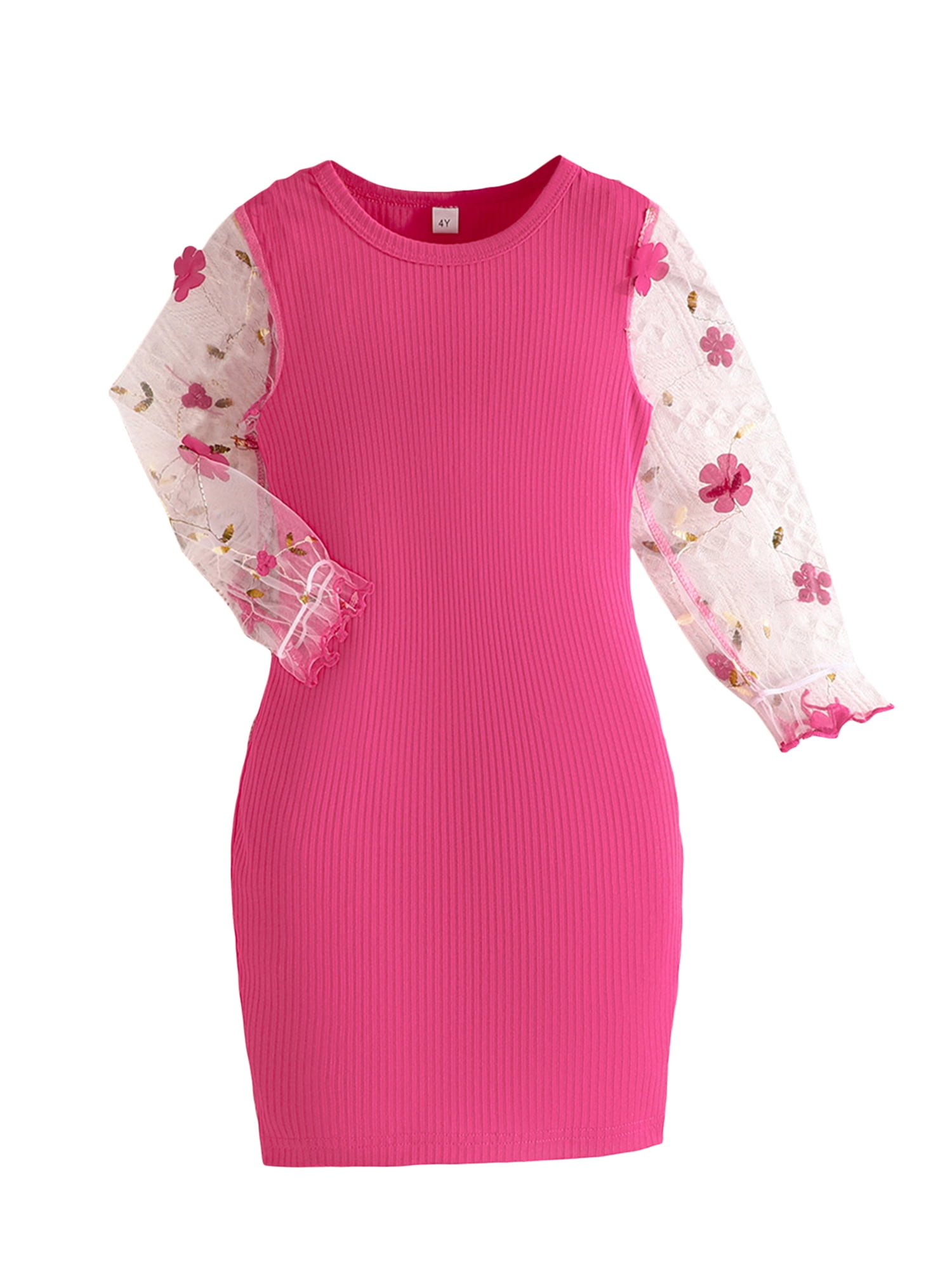 Little Girl Patchwork Dress Floral Embroidery Sheer Long Sleeve Round