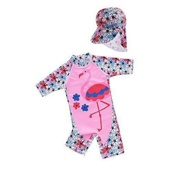 Little Girl Pink Flamingo One-Piece Rash Guard Swimsuit with Sun Hat