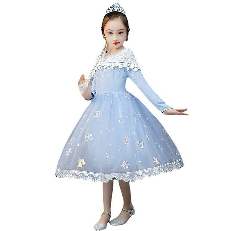 Little Girl Princess Dress with Detachable Long Cape Snow Party Queen  Halloween Elsa Costume Blue with Accessories