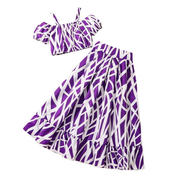 Little Girl'S Two Piece Summer Outfits Cold Shoulder Short Sleeve Crop Top Ruffle High Low Skirt Sets Kids Clothes Size 7-8T
