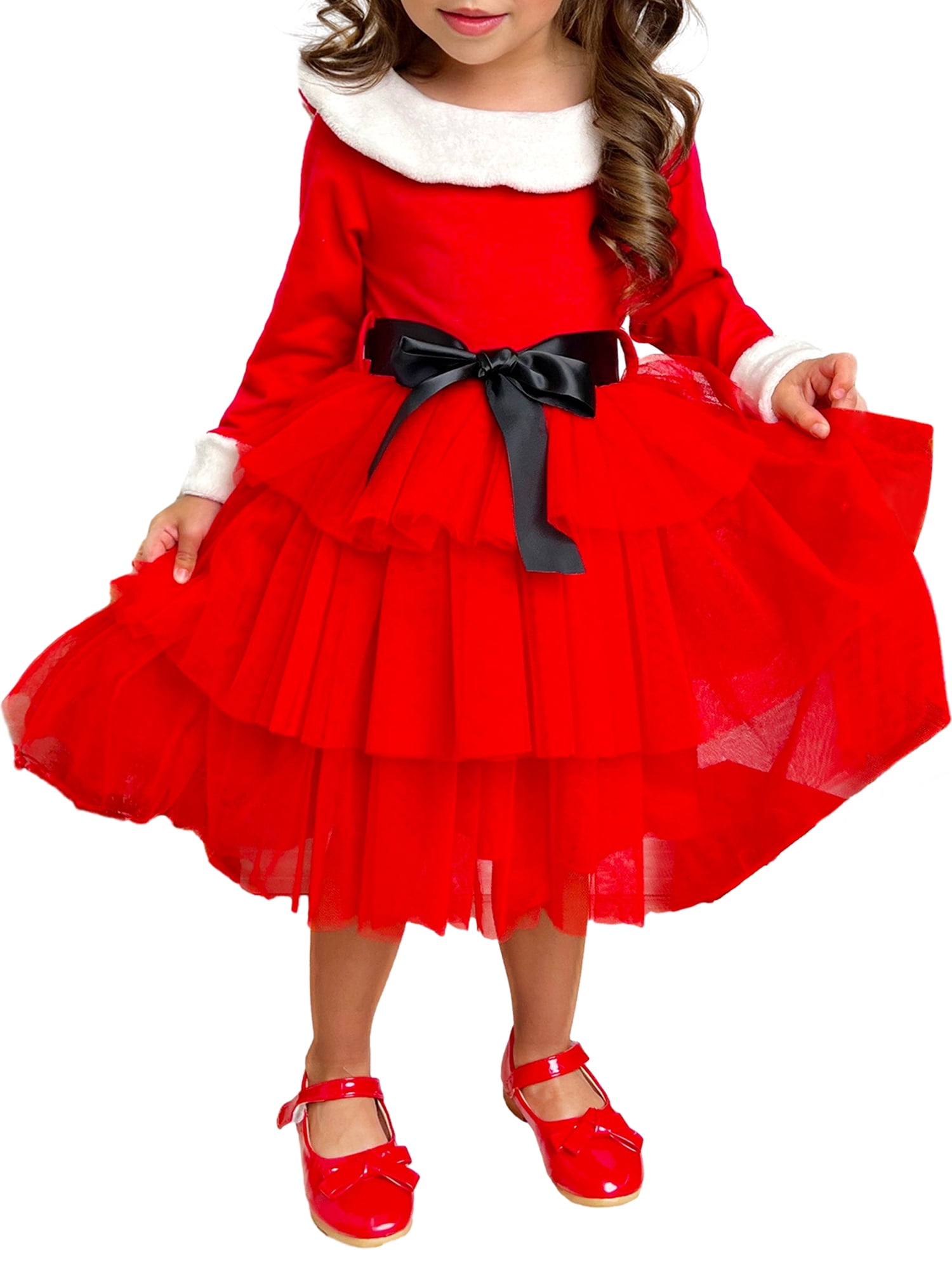 Little Girl Santa Dress Christmas Long Sleeve Bow Layered Tulle Dress