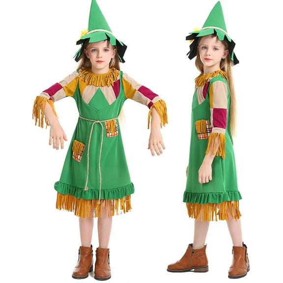 Little Girl Scarecrow Cosplay Costume Halloween Carnival Party Funny Green Dress