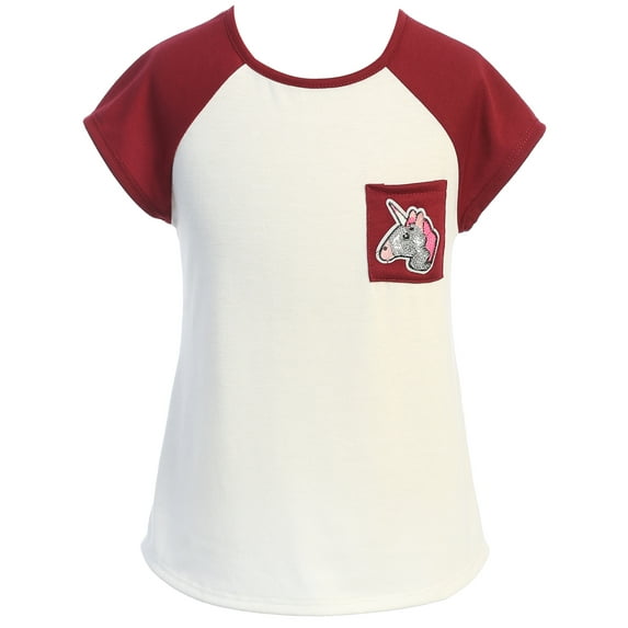 Little Girl Short Sleeve Pocket Unicorn Summer Raglan T-Shirt Top Kids Clothing Burgundy 4 JKS 2159 BNY Corner