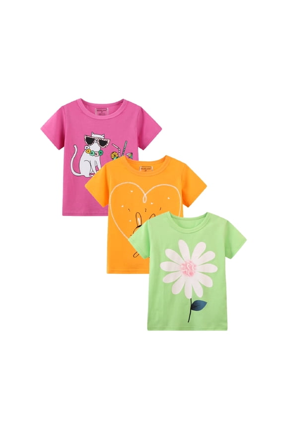 Big Kids Girl Short Sleeve Tee Shirt Cotton Casual Crewneck Flower Graphic Tops T-Shirts Pink Yellow Green 3 Packs Sets 9T