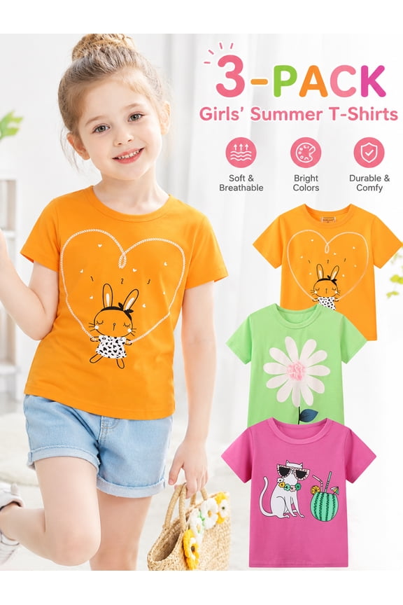 Little Girl Short Sleeve Tee Shirt Cotton Casual Crewneck Flower Graphic Tops T-Shirts Pink Yellow Green 3 Packs Sets 6T