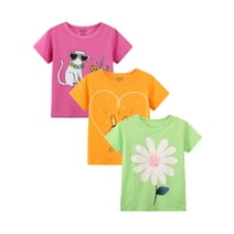 Little Girl Short Sleeve Tee Shirt Cotton Casual Crewneck Flower Graphic Tops T-Shirts Pink Yellow Green 3 Packs Sets 6 Years