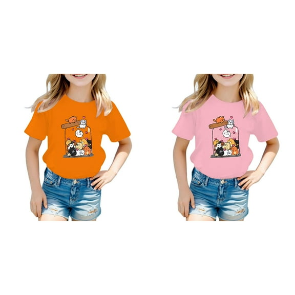 Little Girl Short Sleeve Tee Shirt Cotton Casual Crewneck Graphic Tops Multiple colors T-Shirts 2 Packs