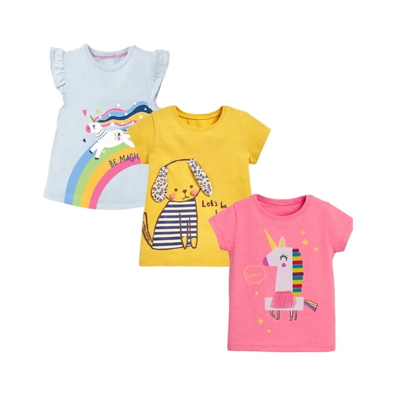 HILEELANG Little Girl Cotton Crewneck Tee, Short Sleeve Unicorn Puppy Graphic T-Shirts, Pink/Yellow/Blue, 3-Pack, 7T