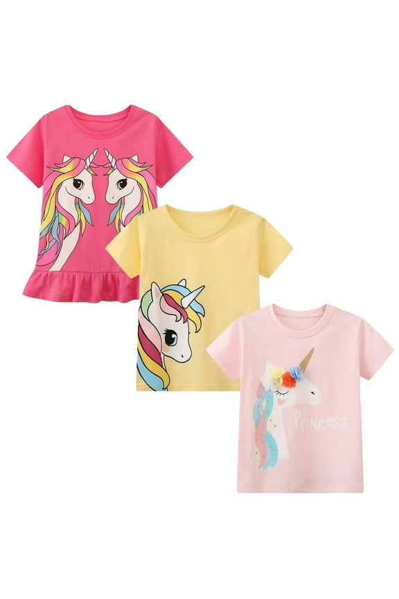 Little Girl Short Sleeve Tee Shirt Unicorn Cotton Casual Crewneck Graphic Tops T-Shirts Pink Yellow 3 Packs Sets Size 6