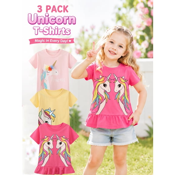 HILEELANG Little Girl Short Sleeve Tee Shirt Unicorn Cotton Casual Crewneck Graphic Tops T-Shirts Pink Yellow 3 Packs Sets Size 7