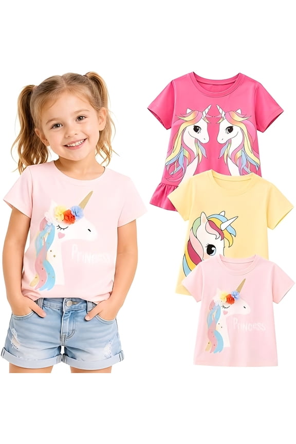 Girls 3-Pack Cotton Graphic T-Shirts, Short Sleeve Crewneck Tees, Unicorn Graphic Mix, Size 7