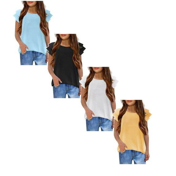 Little Girl Short Sleeve Tees Summer Blue Green Pink Gray Black Girl Cotton Tops Shirts 4 Packs