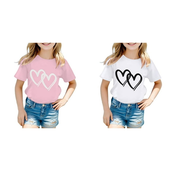 Little Girl Short Sleeve Tees Summer Heart Print Multiple colors Girl Cotton Tops Shirts 2 Packs