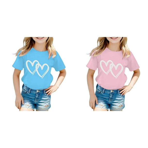 Little Girl Short Sleeve Tees Summer Heart Print Multiple colors Girl Cotton Tops Shirts 2 Packs