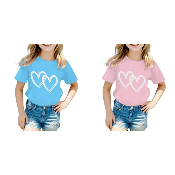Little Girl Short Sleeve Tees Summer Heart Print Multiple colors Girl Cotton Tops Shirts 2 Packs