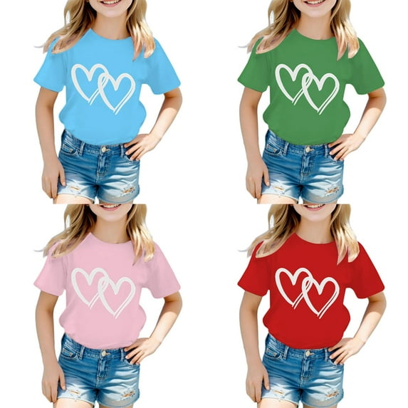 Little Girl Short Sleeve Tees Summer Heart Print Multiple colors Girl Cotton Tops Shirts 4 Packs