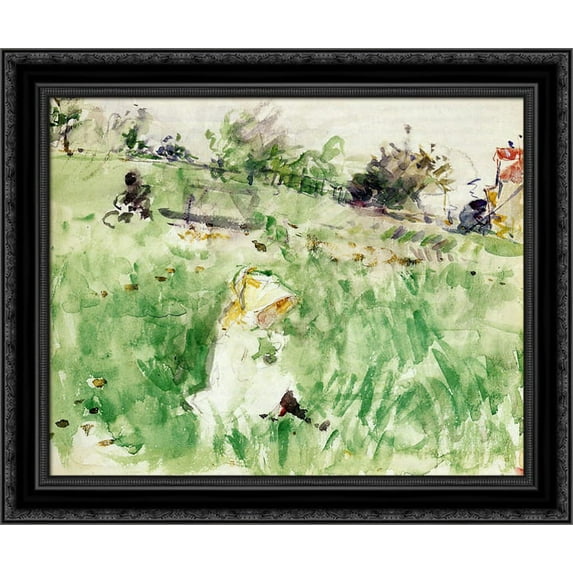 Little Girl Sitting on the Grass 24x20 Black Ornate Wood Framed Canvas Art by Morisot, Berthe