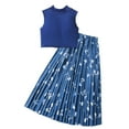 thumbnail image 1 of Little Girl Skirt Suit Cotton Sleeveless Mock Neck Crop Top Floral Print Pleated Skirt Children 2 Piece Matching Sets 8-11Y, Blue, 9 Years, 1 of 6