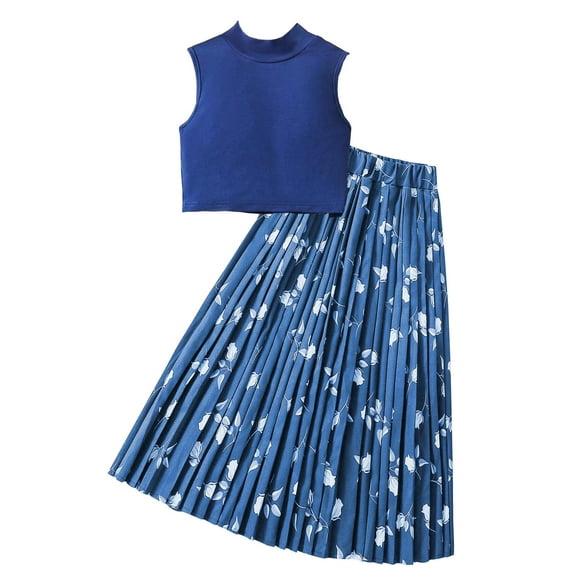 Little Girl Skirt Suit Cotton Sleeveless Mock Neck Crop Top Floral Print Pleated Skirt Children 2 Piece Matching Sets 8-11Y, Blue, 9 Years