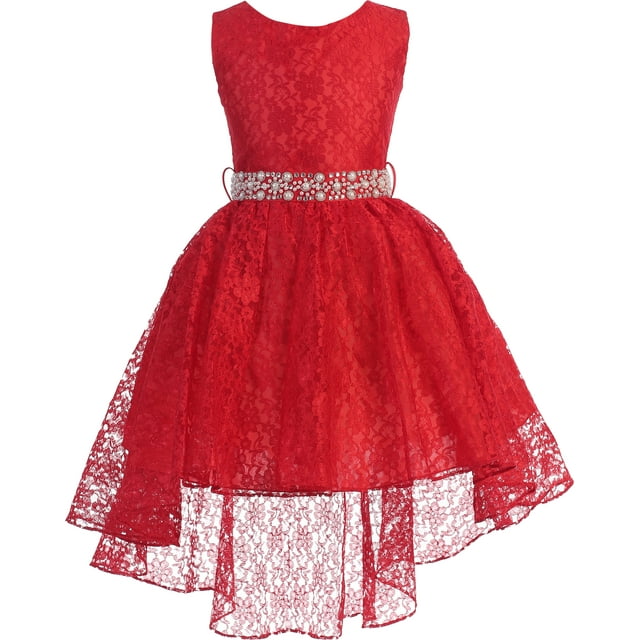 Little Girl Sleeveless Floral Lace Tulle Knee Length Pageant Flower Girl Dress Flower Girl Dress (J3744K) Red 2