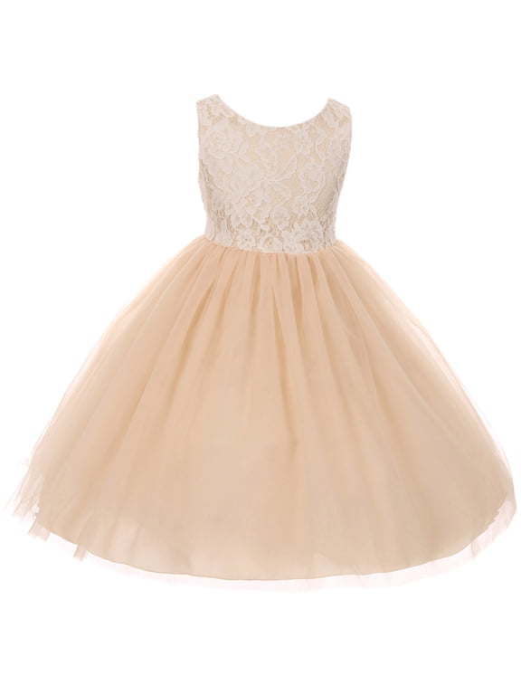 Little Girl Sleeveless Lace Bodice Illusion Tulle Easter Flower Girl Dress USA Champagne 4 KD 414 BNY Corner