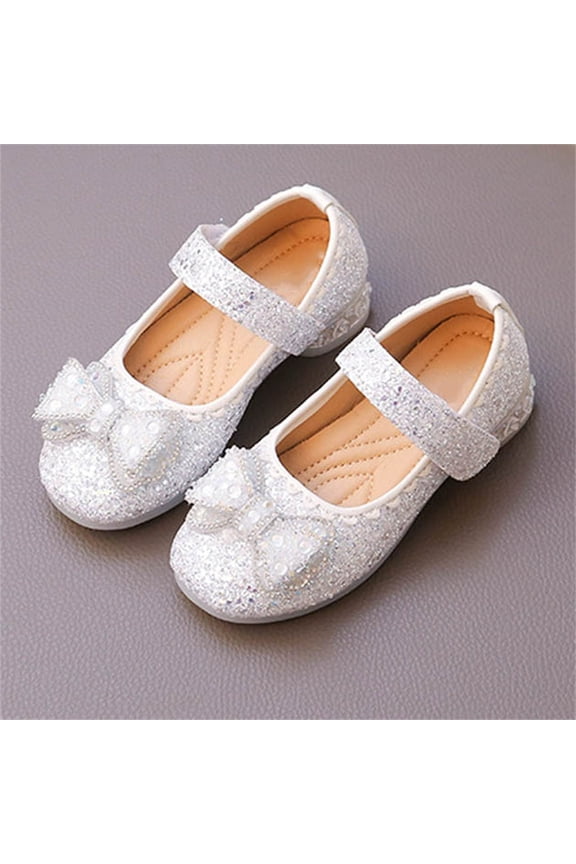 Little Girl Solid Color Crystal Princess Bow Flat Shoes Performance Stage Shoes For Girls Rhinestone Princess Shoes, Suitable For Wedding Parties