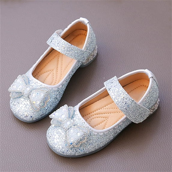 Little Girl Solid Color Crystal Princess Bow Flat Shoes Performance Stage Shoes For Girls Rhinestone Princess Shoes, Suitable For Wedding Parties