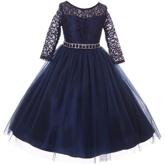 Little Girl Stunning Lace Tulle Rhinestones Holiday Party Flower Girl Dress Navy 6 MBK 372 BNY Corner