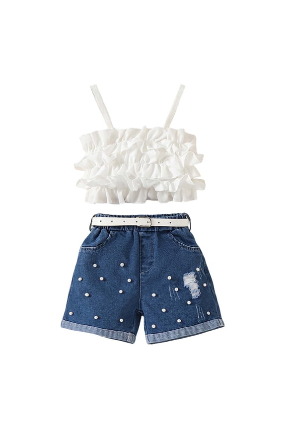 Little Girl Summer Outfits Ruffled Tube Top And Distressed Denim Shorts Two Piece For Beach And Playdates Gift Sets Size 5-6T