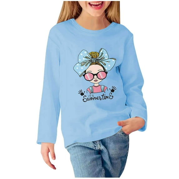 Little Girl Sweatshirts Size 6 Fashion Graphic Long Sleeve Casual Cotton Shirt 3-11T Kids Fall Pullover Top, Light Blue, 5 Years
