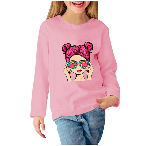 Little Girl Sweatshirts Size 6 Fashion Graphic Long Sleeve Casual Cotton Shirt 3-11T Kids Fall Pullover Top, Pink, 4 Years