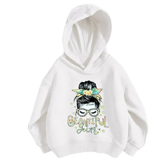 Little Girl Sweatshirts Size 6 Fashion Graphic Long Sleeve Casual Hoodies 3-8T Kids Fall Pullover Top, White, 8 Years
